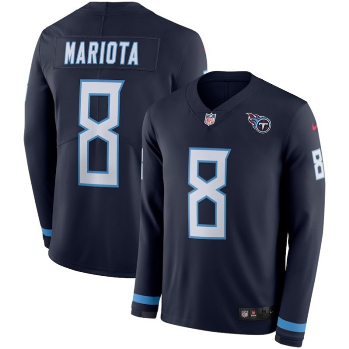  Titans 8 Marcus Mariota Navy Therma Long Sleeve Jersey