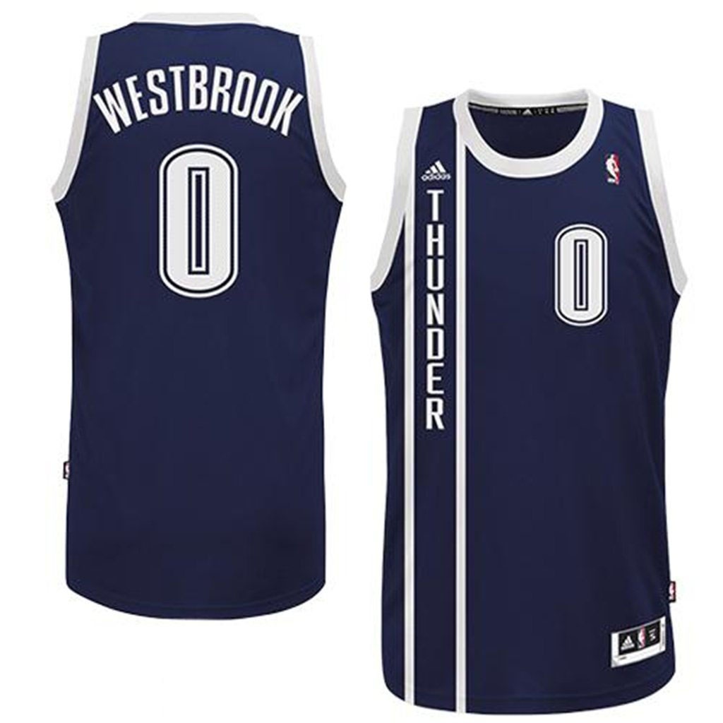 Oklahoma City Thunder 0 Russell Westbrook Revolution 30 Swingman Road Alternate Navy Blue Jersey