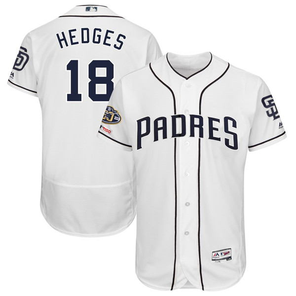 Padres 18 Austin Hedges White 50th Anniversary and 150th Patch FlexBase Jersey