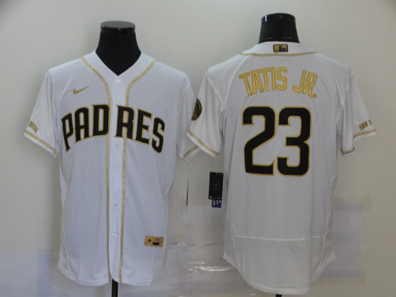 Padres 23 Fernando Tatis Jr. White Gold Nike Flexbase Jersey