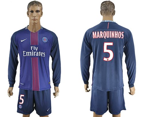 Paris Saint Germain 5 Marquinhos Home Long Sleeves Soccer Club Jersey