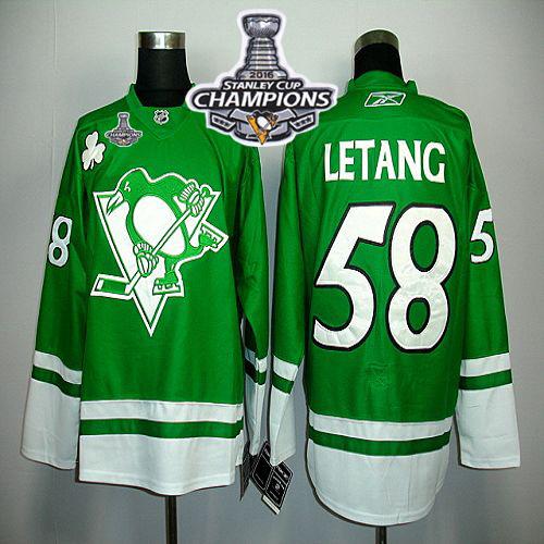 Penguins 58 Kris Letang Green St Patty's Day 2016 Stanley Cup Champions Stitched NHL Jersey