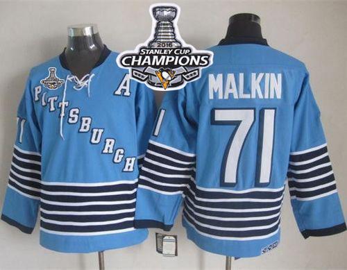 Penguins 71 Evgeni Malkin Light Blue CCM Throwback 2016 Stanley Cup Champions Stitched NHL Jersey