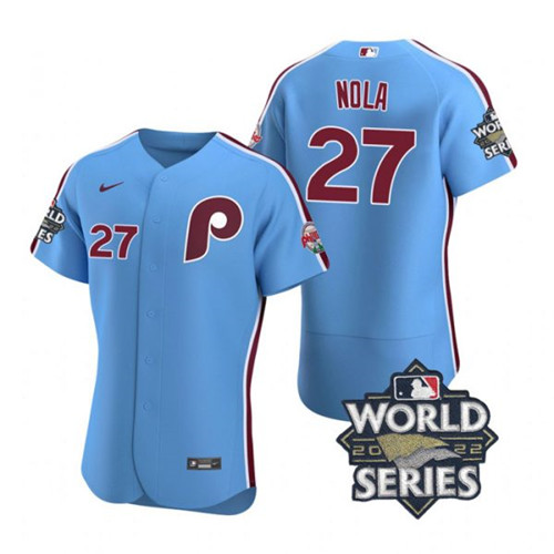 Phillies 27 Aaron Nola Blue Nike 2022 World Series Flexbase Jersey