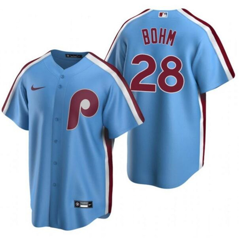 Phillies 28 Alec Bohm Blue Nike Cool Base Jersey