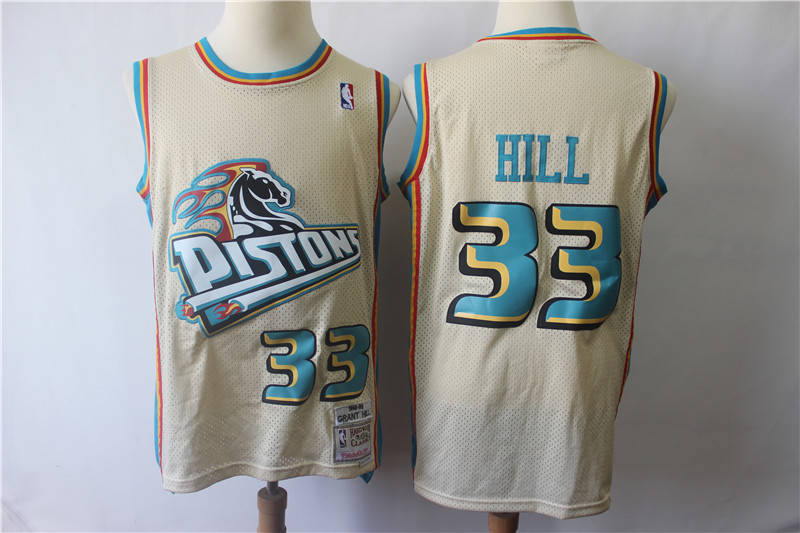 Pistons 33 Grant Hill Cream Hardwood Classics Jersey