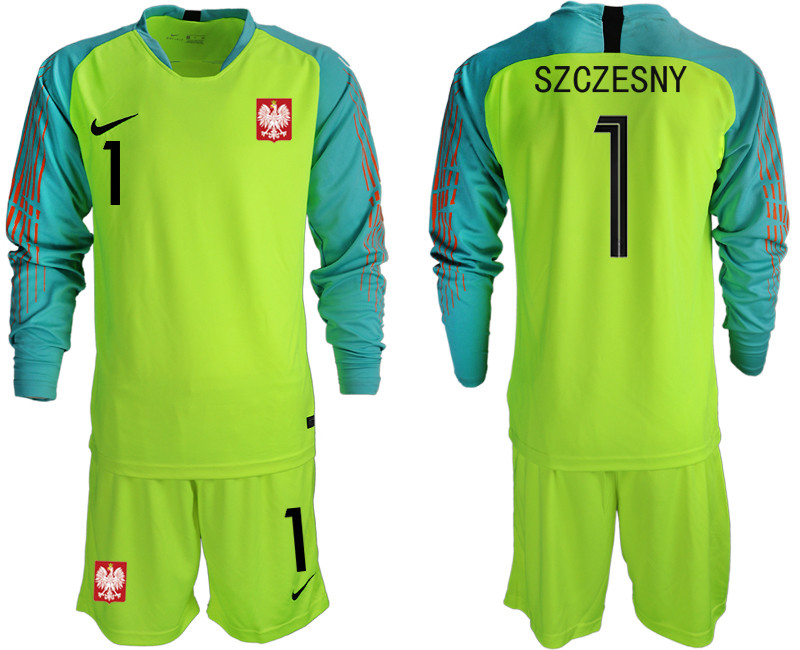 Poland 1 SZCZESNY Fluorescent Green 2018 FIFA World Cup Long Sleeve Goalkeeper Soccer Jersey