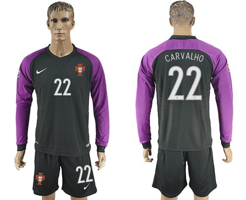 Portugal 22 Carvalho Black Goalkeeper Long Sleeves Soccer Country Jersey