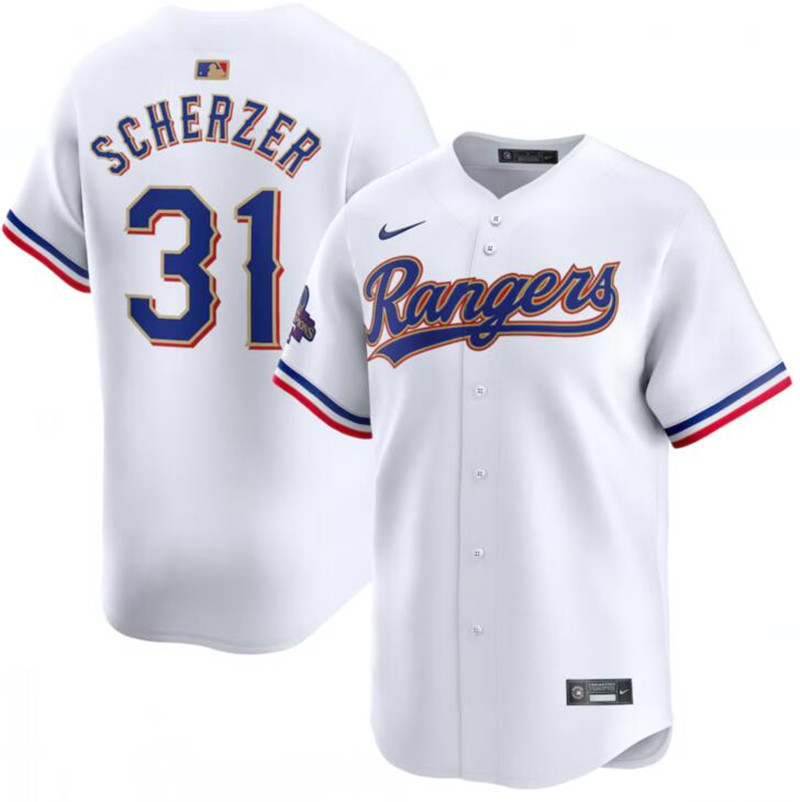 Rangers 31 Max Scherzer White Gold Nike 2024 Gold Collection Cool Base Jersey