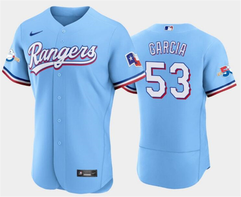 Rangers 53 Adolis Garcia Light Blue Nike 50th Anniversary Flexbase Jersey