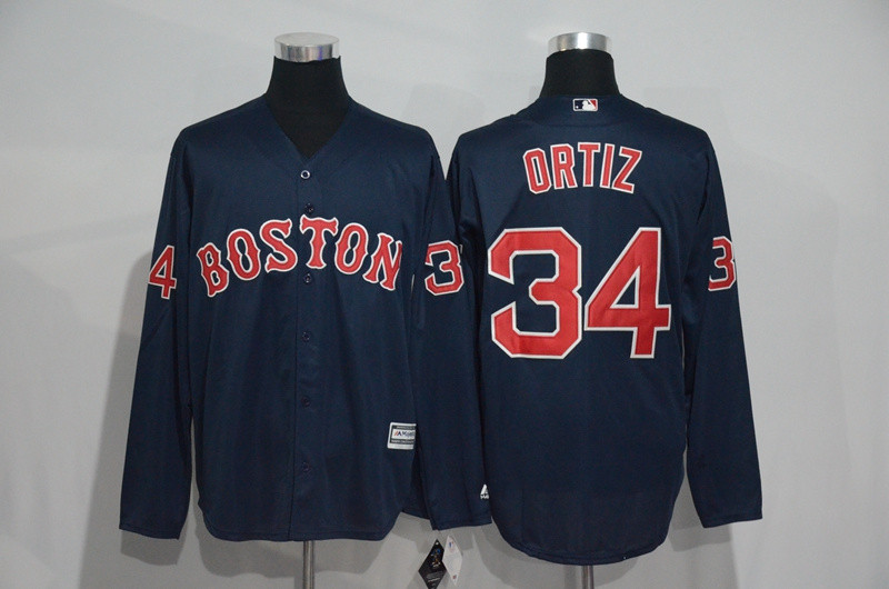 Red Sox 34 David Ortiz Navy Long Sleeve New Cool Base Jersey