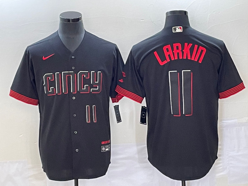 Reds 11 Barry Larkin Number Black Nike 2023 City Connect Cool Base Jersey