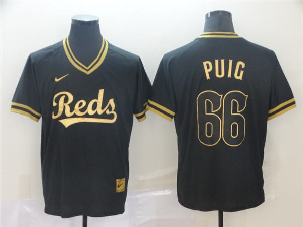 Reds 66 Yasiel Puig Black Gold Nike Cooperstown Collection Legend V Neck Jersey