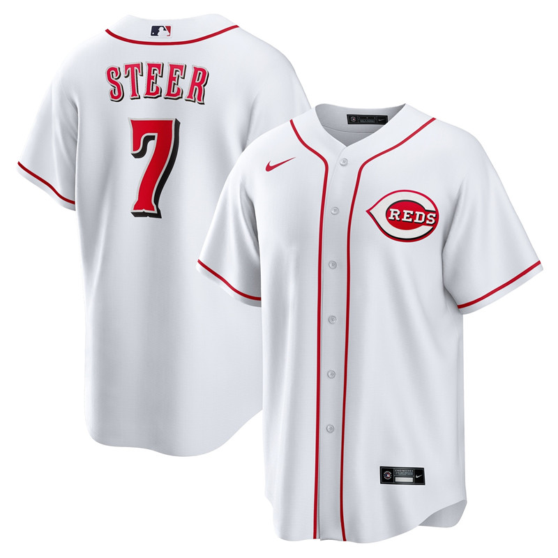 Reds 7 Spencer Steer White Nike Cool Base Jersey