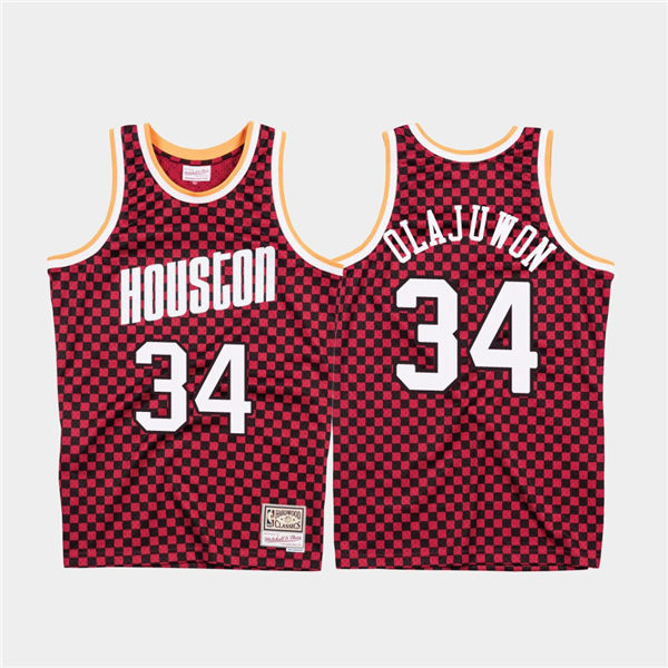 Rockets 34 Hakeem Olajuwon Red Checkerboard Hardwood Classics Jersey