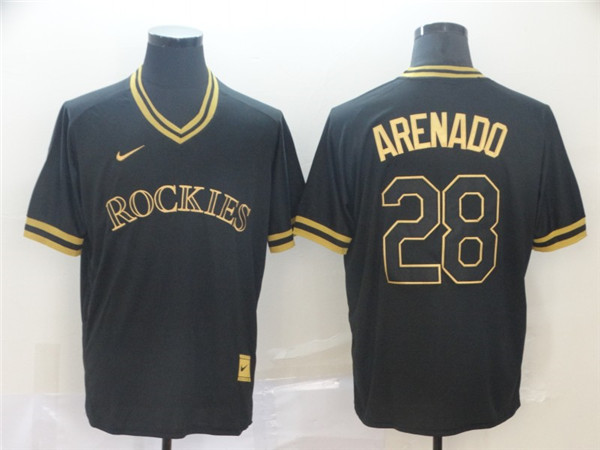 Rockies 28 Nolan Arenado Black Gold Nike Cooperstown Collection Legend V Neck Jersey