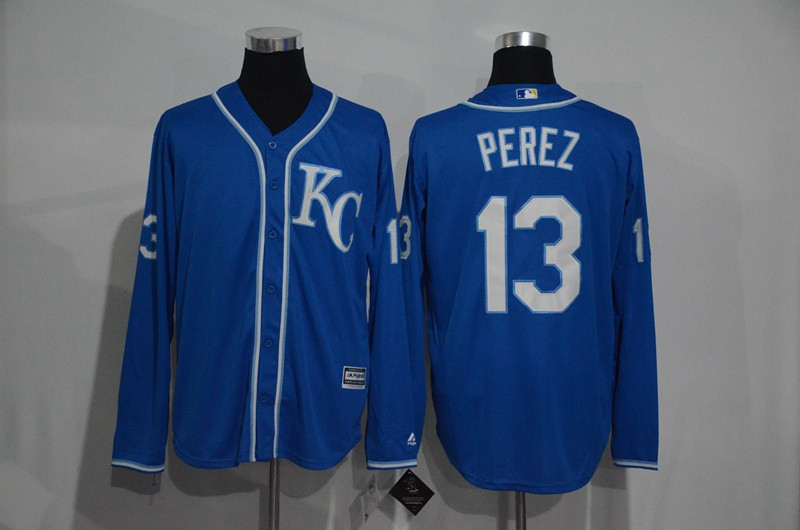 Royals 13 Salvador Perez Blue Long Sleeve New Cool Base Jersey