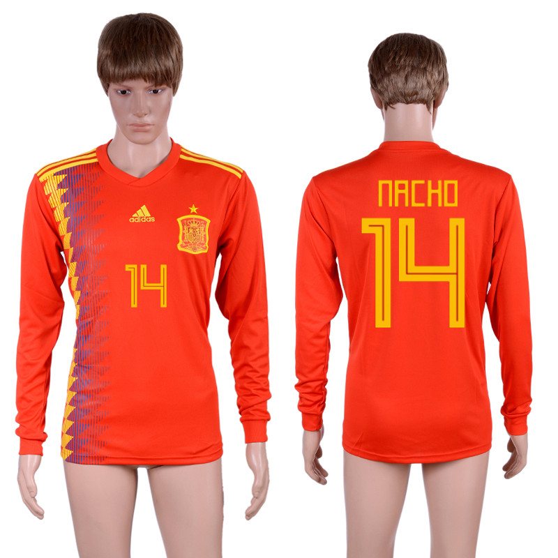 Spain 14 NACHO Home 2018 FIFA World Cup Long Sleeve Thailand Soccer Jersey