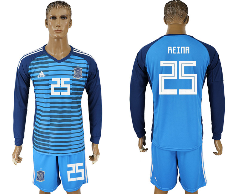 Spain 25 REINA Lake Blue Goalkeeper 2018 FIFA World Cup Long Sleeve Soccer Jersey