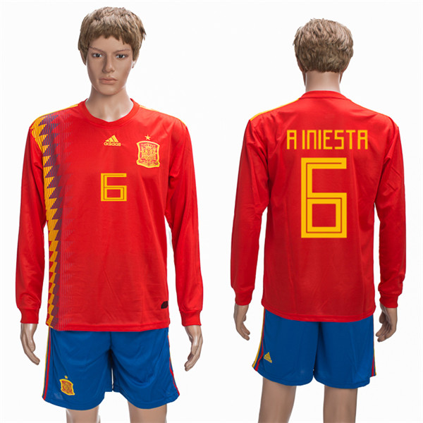 Spain 6 A INIESTA Home 2018 FIFA World Cup Long Sleeve Soccer Jersey