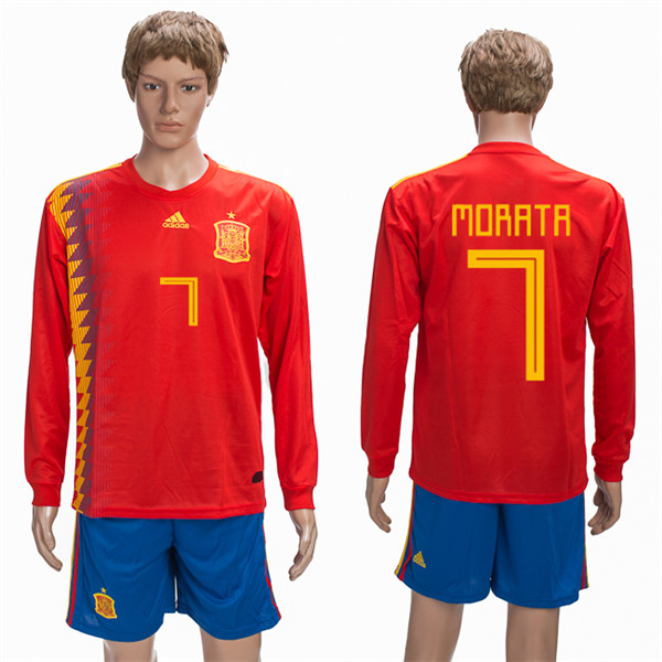 Spain 7 MORATA Home 2018 FIFA World Cup Long Sleeve Soccer Jersey