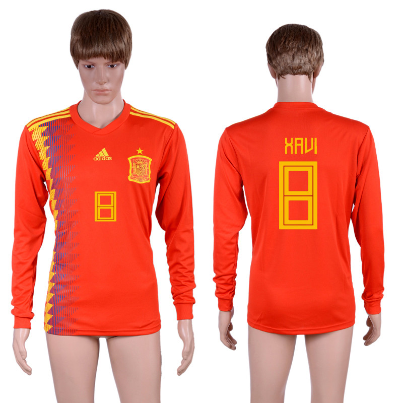 Spain 8 XAVI Home 2018 FIFA World Cup Long Sleeve Thailand Soccer Jersey