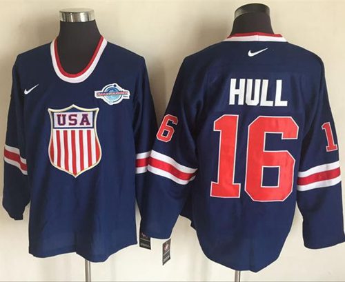 Team USA 16 Brett Hull Navy Blue 2014 Olympic  Throwback Stitched NHL Jersey