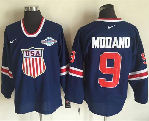 Team USA 9 Mike Modano Navy Blue 2014 Olympic  Throwback Stitched NHL Jersey