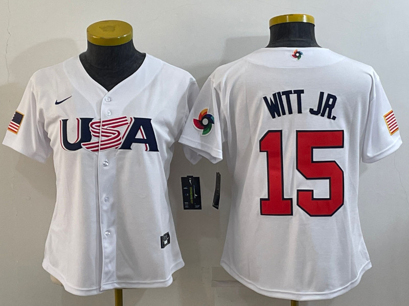 USA 15 Bobby Witt Jr. White Women Nike 2023 World Baseball Classic Jerseys