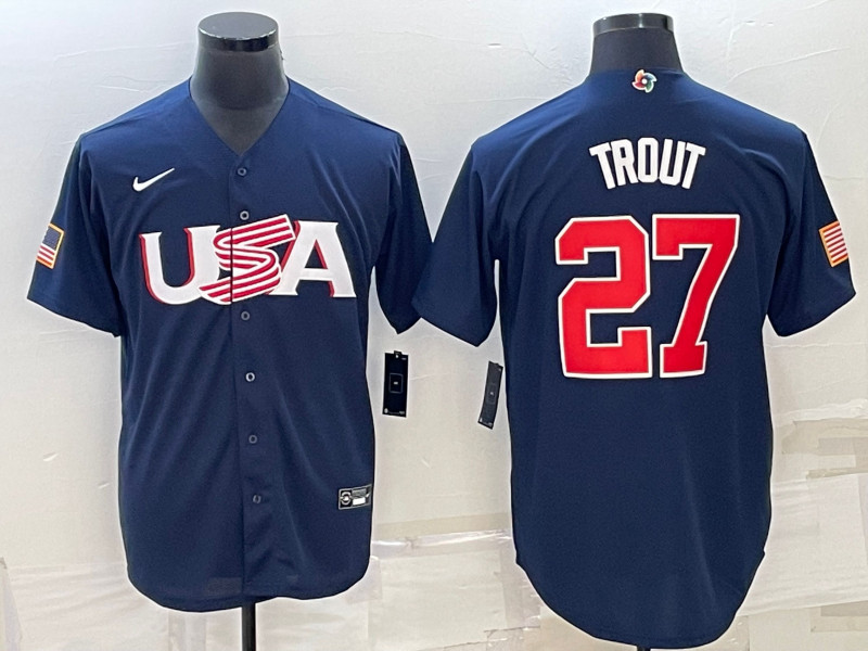 USA 27 Mike Trout Black Nike 2023 World Baseball Classic Jersey