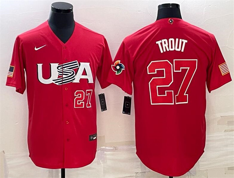 USA 27 Mike Trout Red Nike 2023 World Baseball Classic Jerseys