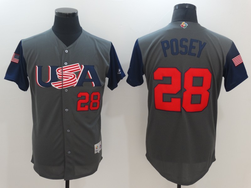 USA Baseball Majestic 28 Buster Posey Gray 2017 World Baseball Classic Authentic Team Jersey