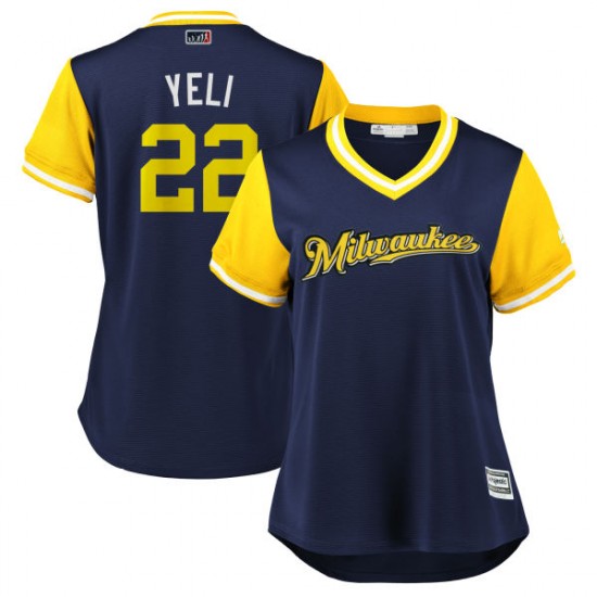 Women's Majestic Christian Yelich Milwaukee Brewers Yellow YELI Navy 2018 Players' Weekend Cool Base Jersey