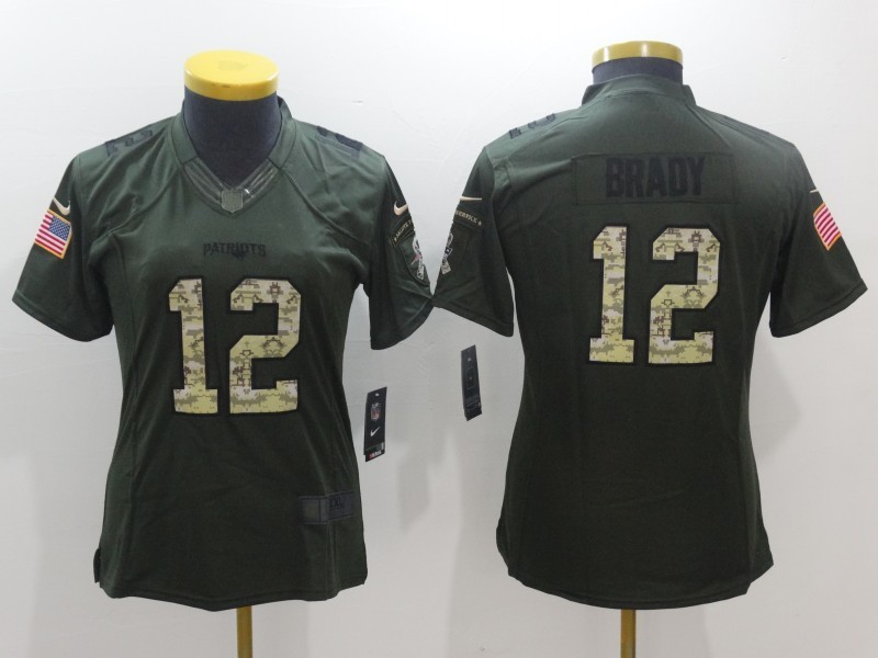 Women  New England Patriots 12 Tom Brady Green Salute to Service Jerseys