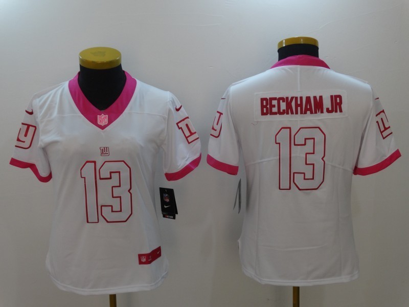 Women  New York Giants 13 Odell Beckham Jr White Pink Stitched NFL Limited Rush Fashion Jersey