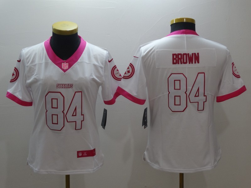 Women  Pittsburgh Steelers 84 Antonio Brown Limited White Pink Rush Fashion NFL Jersey