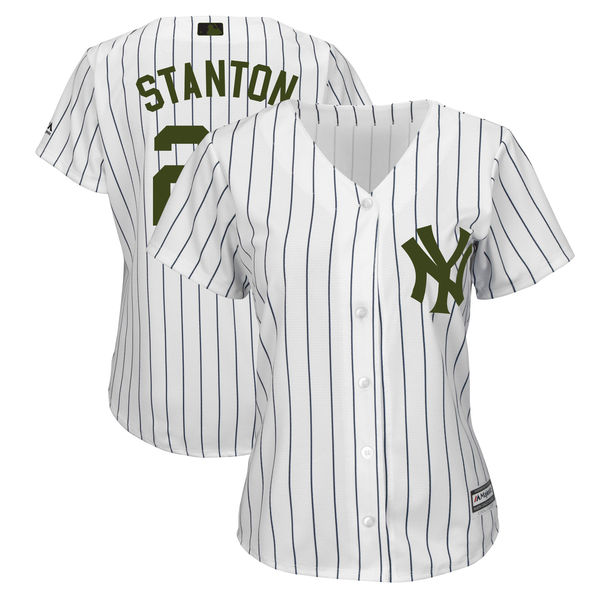 Yankees 27 Giancarlo Stanton White Women 2018 Memorial Day Cool Base Jersey