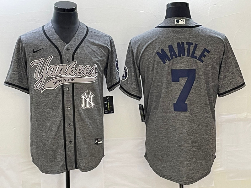 Yankees 7 Mickey Mantle Logo Gray Gridiron Cool Base Jersey