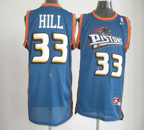 Pistons #33 Hill Blue  Throwback Stitched NBA Jersey