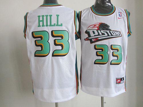 Pistons #33 Hill White Throwback Stitched NBA Jersey