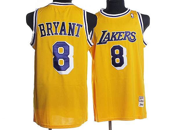 Mitchell and Ness Lakers #8 Kobe Bryant Stitched Yellow Purple Letter Throwback NBA Jersey