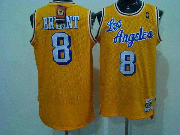 Mitchell and Ness Lakers #8 Kobe Bryant Yellow Crabbed Letter Stitched Throwback NBA Jersey