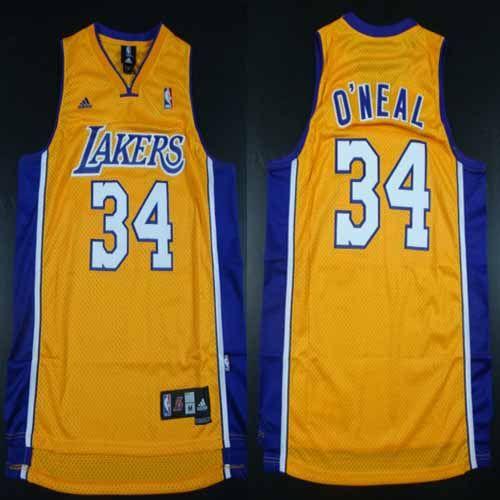 Lakers #34 Shaquille O'Neal Yellow Throwback Stitched NBA Jersey